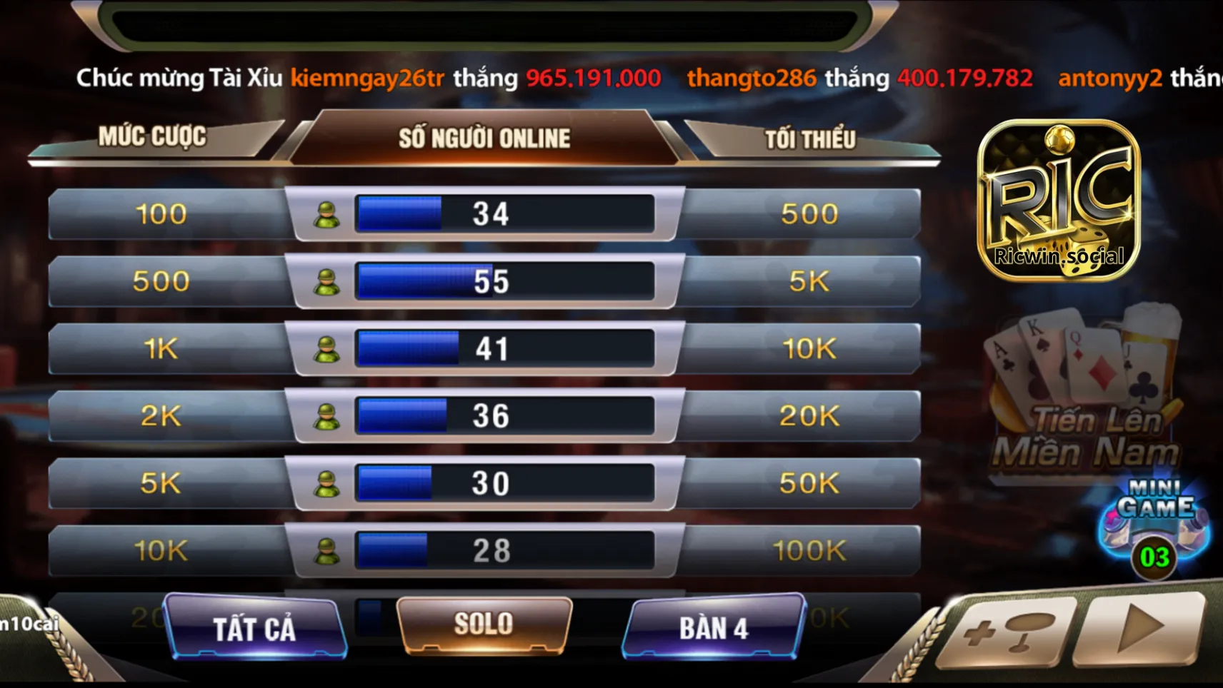 Các bước tham gia chơi game bài tại Ricwic